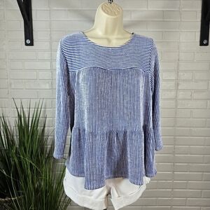 Anthropologie W5 Ribbed Stripe Blue and White Tiered Peplum Top Size Large